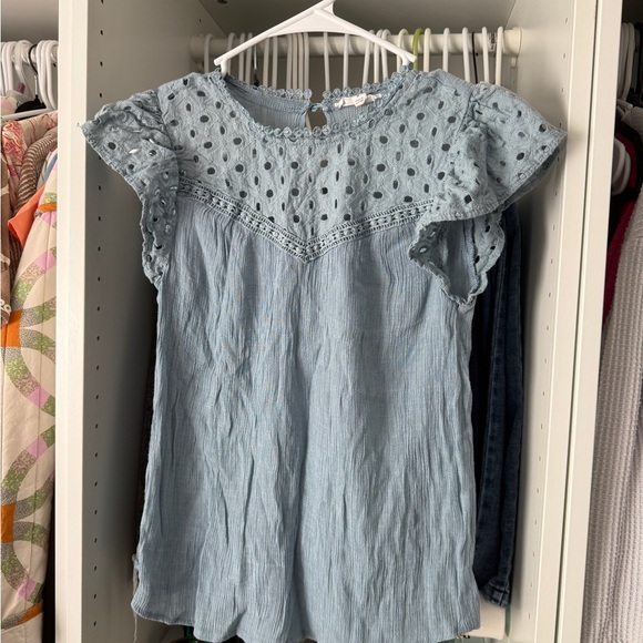 Blu Pepper Tops - Blu Pepper Light Blue Eyelet Blouse